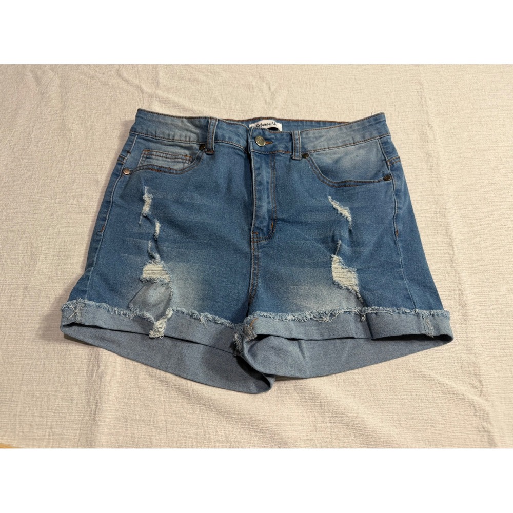 Between Us Women's Distressed High Waisted Denim Shorts Light Wash Blue Size 15